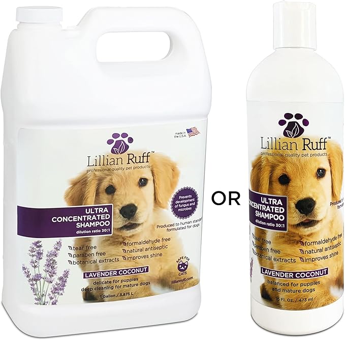 Lillian Ruff PRO Formula Ultra Concentrated Dog Shampoo – Makes 4 Gallons/30 Bottles, 30:1 Dilution, Professional Pet Shampoo for Sensitive Skin | Deodorizing & pH-Balanced Made in USA - Gallon
