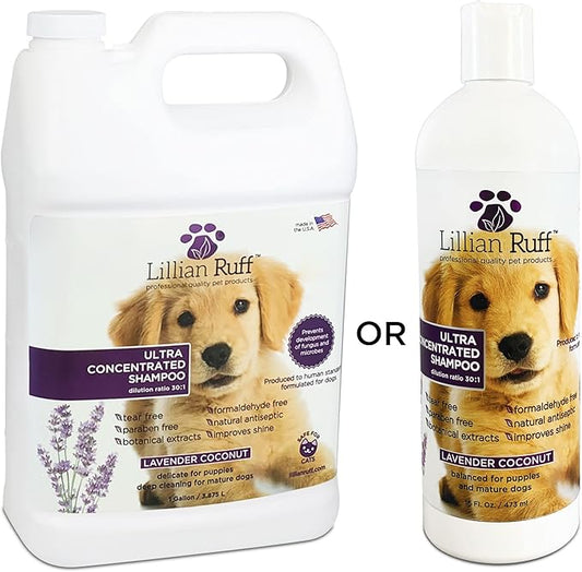 Lillian Ruff PRO Formula Ultra Concentrated Dog Shampoo – Makes 4 Gallons/30 Bottles, 30:1 Dilution, Professional Pet Shampoo for Sensitive Skin | Deodorizing & pH-Balanced Made in USA - Gallon