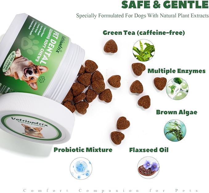 Dog Teeth Cleaning Chews, Dog Dental Chews for Plaque & Tartar Control with Natural Enzymes, Dental Care for Dogs with Probiotic, Fresh Breath for Small Medium Large Dogs