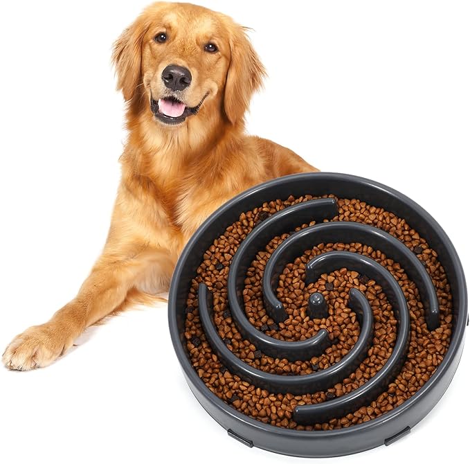 Slow Feeder Large Dog Bowl - Maze Puzzle Bowl for Medium to Large Dogs - Non Slip, Interactive, Bloat Stop, Healthy Feeding Dish - Gray