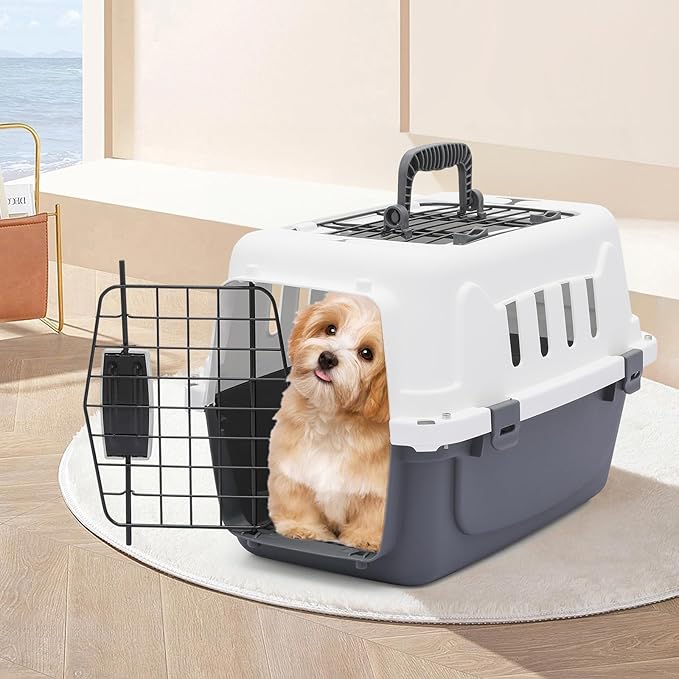 MoNiBloom 18-Inch 2-Door Top Loading Cat Carrier, Plastic Dog Crate Hard-Sided Dog Travel Carrier for Small Dogs and Cats, Ventilation and Security Lock Design for Pets up to 10 lbs (Grey)