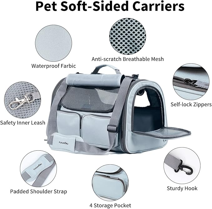 FUKUMARU Cat Carrier, Soft-Sided Small Dog Carrier, Large Cat Travel Bag with 4 Mesh Windows, Under 15 lb Airline Approved Pet Carrier with 4 Storage Pockets, Rollable Cover for Nervous Cats, Grey