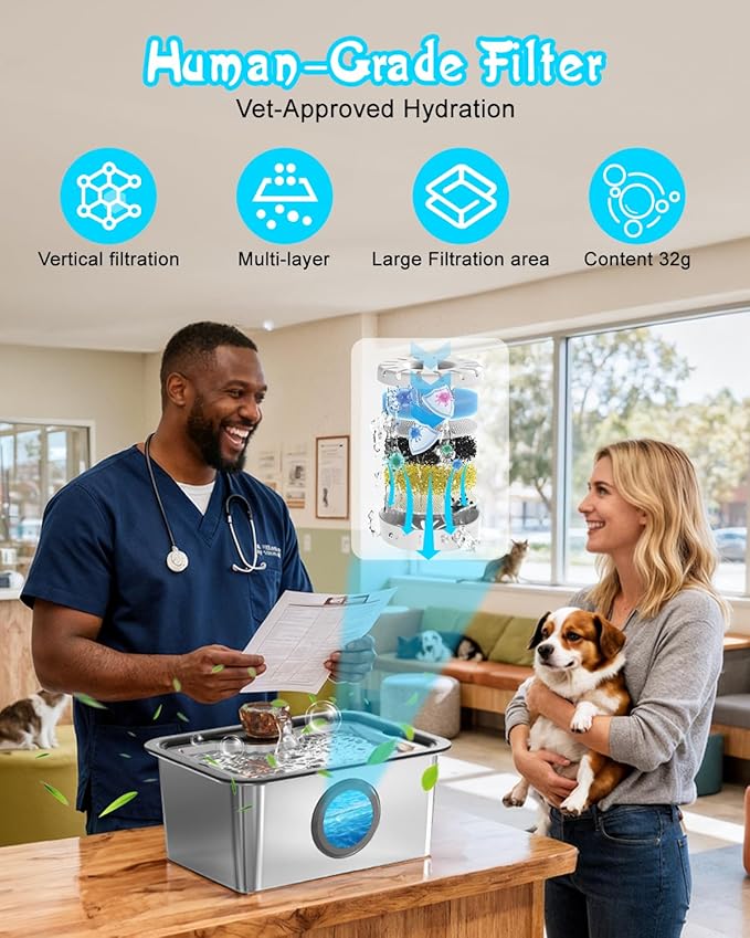 Dog Water Fountain for Large Dogs Stainless Steel 3 Gallon Big Pet Drinking Fountain with Filter, Electric Cat Watering Dispenser with Large-Filtration Area & Deeper Drinking Super Quiet