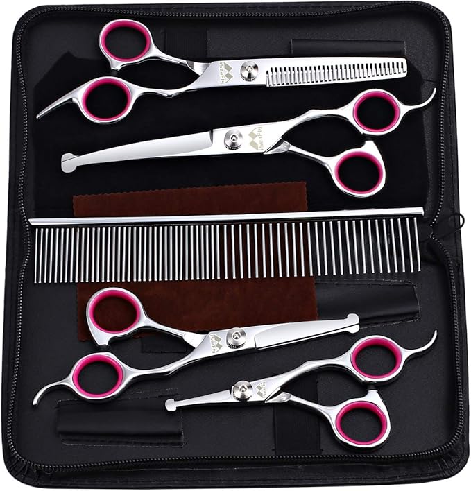 Dog Grooming Kit with Round Tip, 6 in 1 Cat Dog Grooming Scissors, Stainless Steel Pet Grooming Shears for Full Body, Face, Nose, Ear and Paw (pink)