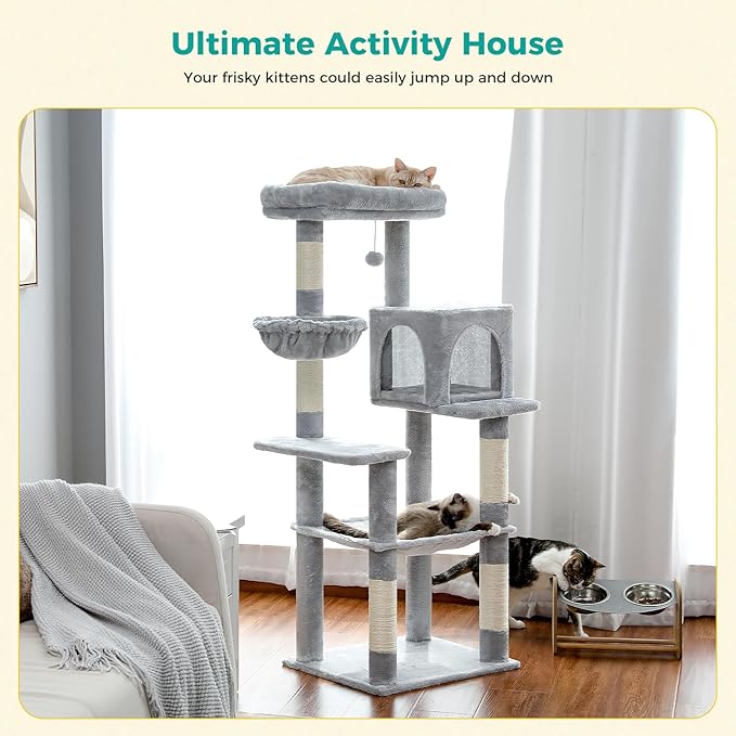 PAWZ Road Cat Tree, 56 Inches Tower Condo with Large Top Perch & Hammock, Cat Tower with Scratching Posts for Indoor Cats，Gray