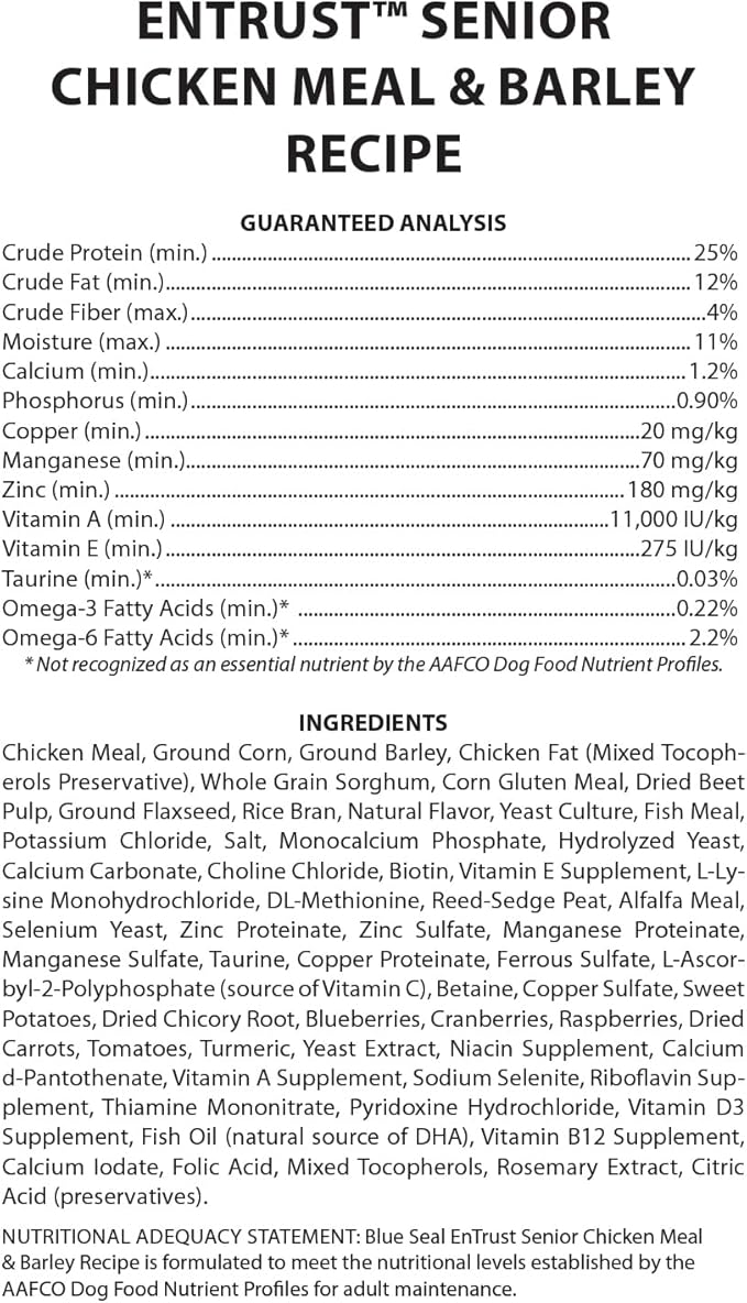 ENTRUST Senior Dog Food | Chicken & Barley | Enriched with Super Foods, Antioxidants and Probiotics | No Wheat or Soy | 20 Pound Bag