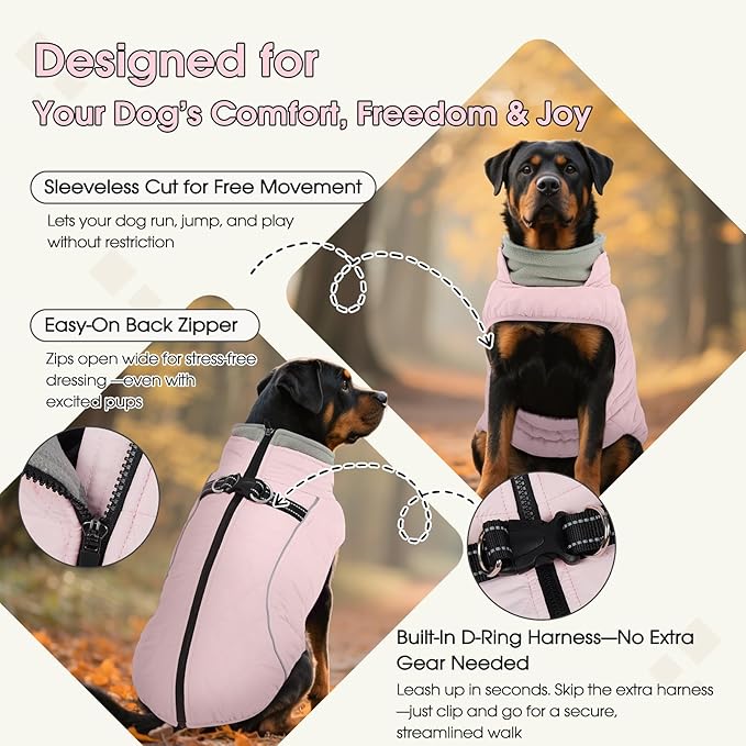 QBLEEV Dog Coat for Medium Dogs, Waterproof Dog Winter Coat with Built-in Harness and D-Ring, Zip Up Pet Cold Weather Coats with Fleece Lined, Warm Snowsuit Gear Vest for Pug Boston Terrier, Pink, M