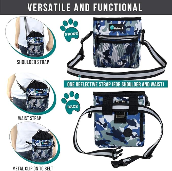 PetAmi Dog Treat Pouch, Pet Treat Pouch for Training, Dog Walking Bag Holder for Kibbles, Pet Food Toy, Dog Trainer Essentials Supplies, Poop Bag Dispenser, 3 Ways to Wear (Camo Blue)