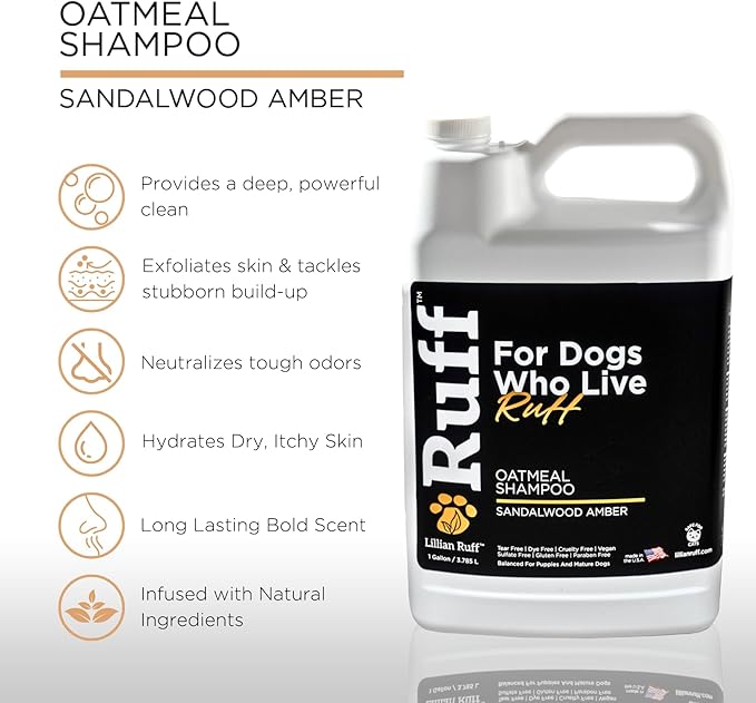 Ruff by Lillian Ruff Oatmeal Dog Shampoo Sandalwood Amber – Moisturizing Pet Shampoo with Aloe & Coconut Oil – Relieves Itching, Hot Spots & Odor – Puppy Safe – Made in USA (Gallon)