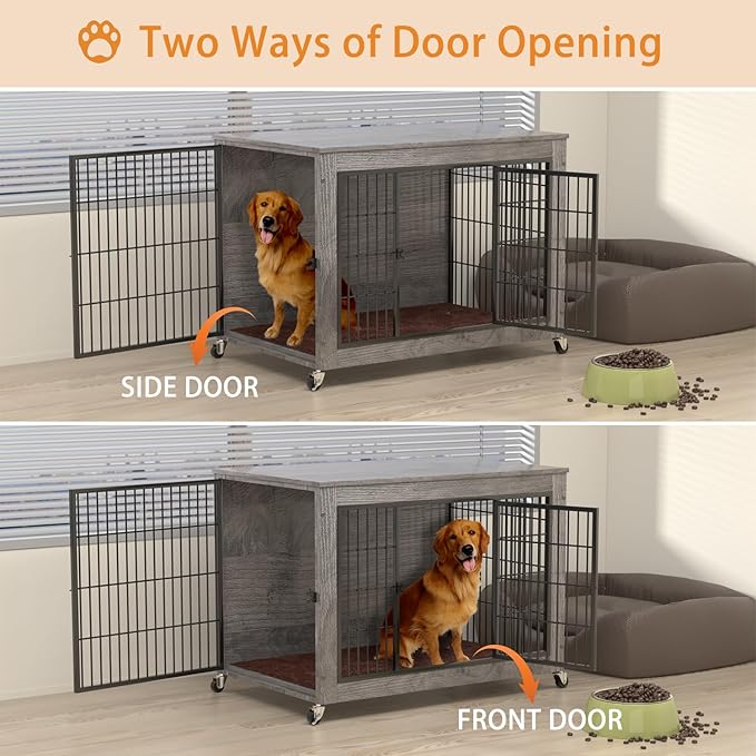 Dog Crate Furniture with Cushion,38" Wooden Dog Crate nightstand with Double Doors, Grey Kennel Indoor with Wheels, Decorative Pet House for Medium Large Dog