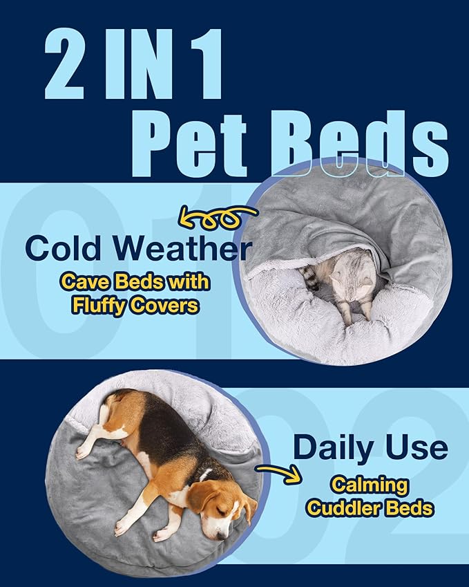 Pet Soft Small Dog Bed Cat Bed with Cover Cave - Round Calming Dog Beds Washable Cuddler Puppy Beds for Small, Medium Dogs and Cats (Grey, 30")