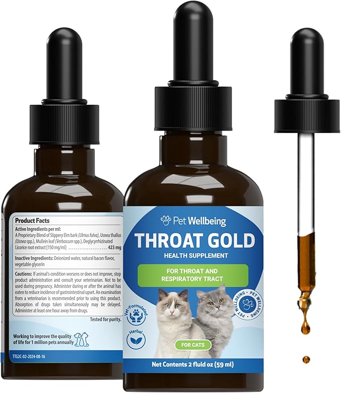 Pet Wellbeing Throat Gold for Cats - Cat Respiratory Support, Occasional Cough & Hoarseness, Licorice, Mullein, Slippery Elm - Vet-Formulated Holistic Supplement - 2oz (59 ml)