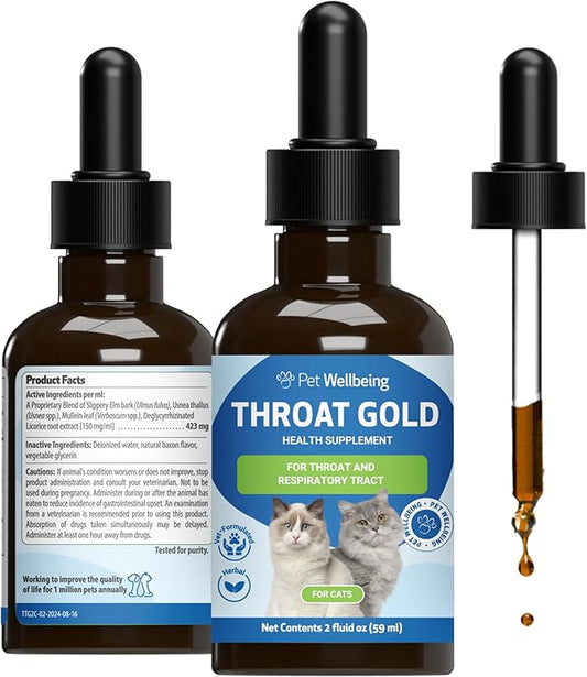 Pet Wellbeing Throat Gold for Cats - Cat Respiratory Support, Occasional Cough & Hoarseness, Licorice, Mullein, Slippery Elm - Vet-Formulated Holistic Supplement - 2oz (59 ml)