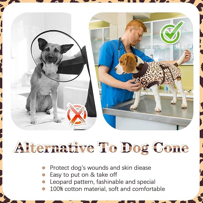 Kuoser Recovery Suit for Dogs, Dog Recovery Suit Female Doggie Onesie for Surgery, Post-Op Onesie for Female & Male Dogs, Soft Protective Wear, BrownLeopard M