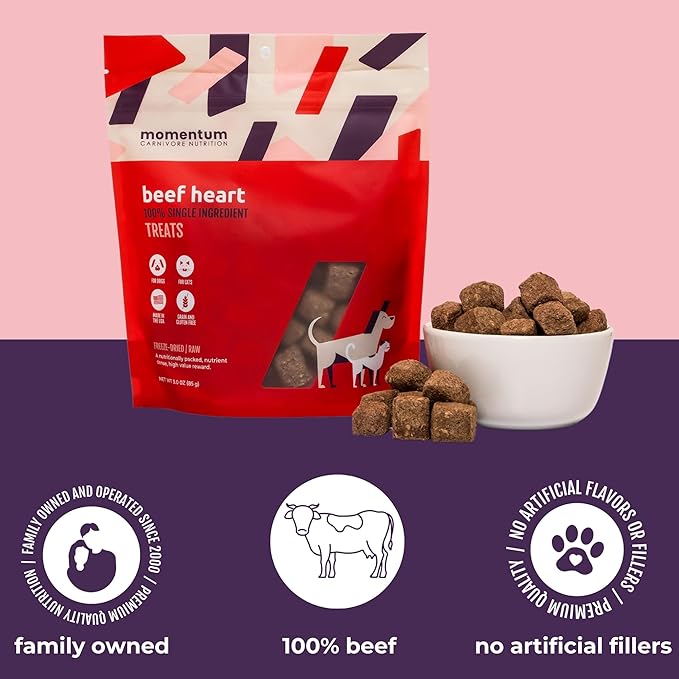 Momentum Carnivore Nutrition Freeze-Dried Beef Heart Dog Treats – Single-Ingredient, Dog & Cat Treats – High-Protein, Grain-Free– 3 oz Bag