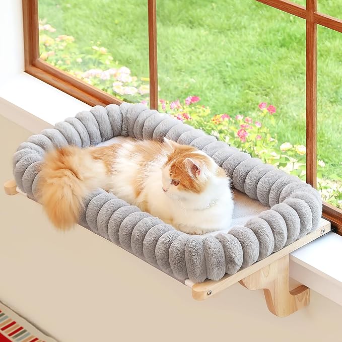 Zakkart SnugCloud Cat Window Perch with 4-Sided Bolster - Orthopedic Cat Hammock for Window Sill - Solid Hardwood & Metal Frame - Window Seat for Pets (Natural Color Wood w/Gray Bed, Large)