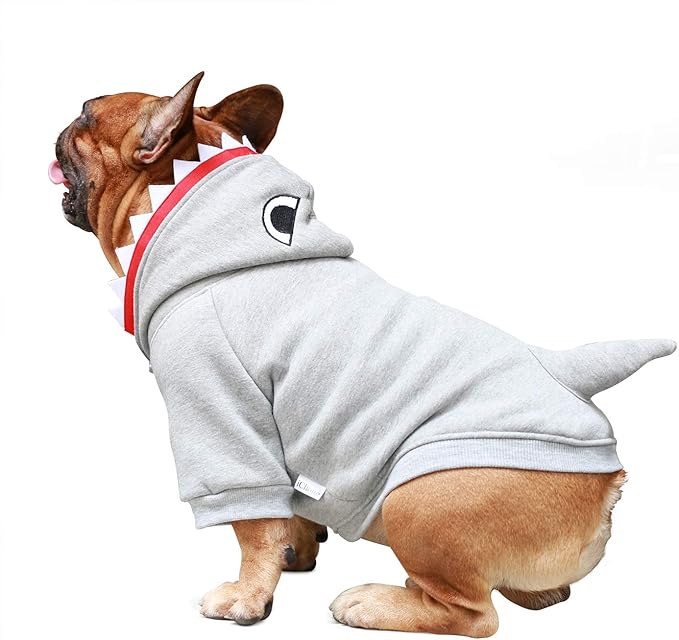 iChoue English Bulldog Shark Dog Halloween Costumes Clothes Sweater Cute Funny for Cold Weather Winter Coats Hoodies - Grey/XLarge