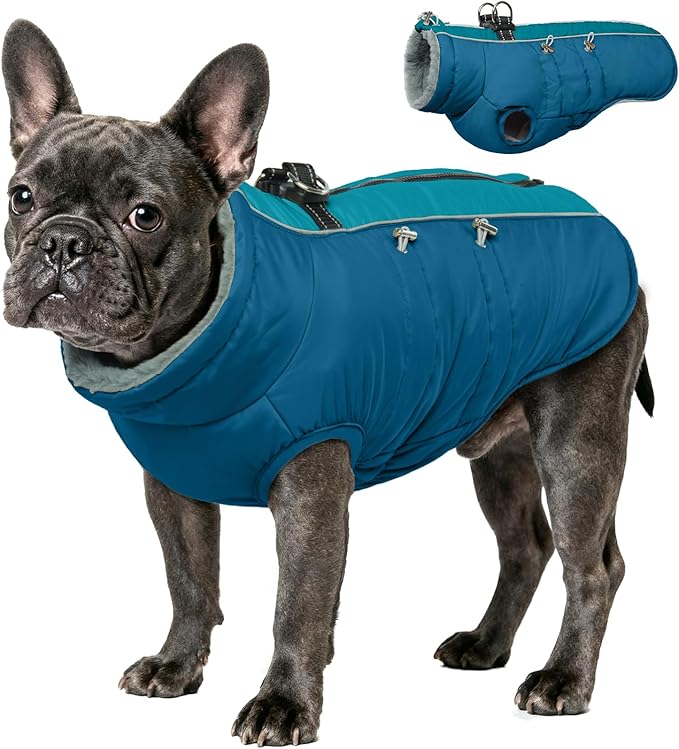 IDOMIK Warm Dog Coat with Harness, Waterproof Reflective Dog Jackets for Small Medium Large Dogs, Fleece High Collar Winter Jacket with Zipper, Pet Winter Snowsuit Clothes for Cold Weather,Blue L