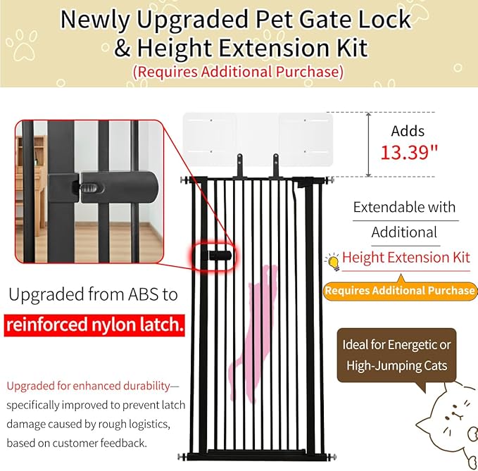 Lumizone Extra Tall Cat Gate 61.02" High Pressure Mounted Extra Wide 2025 New (17 Sizes) 1.37" Gap No Drilling Auto-Close One-Handed Operation Tall Pet Gate (Black, 80.12"-84.44"/203.5-214CM)