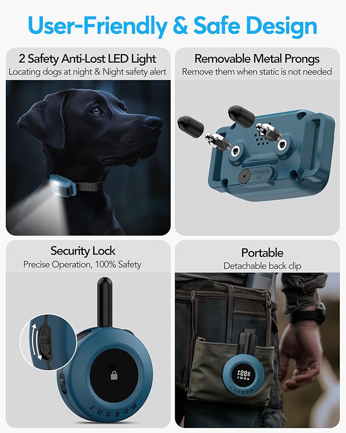 Jugbow Dog Shock Collar - 3/4 Mile Dog Training Collar with Remote for Large Medium Small Dogs, Rechargeable IPX8 Waterproof E-Collar with 3 Training Modes, LED Light & Security Lock (Blue)