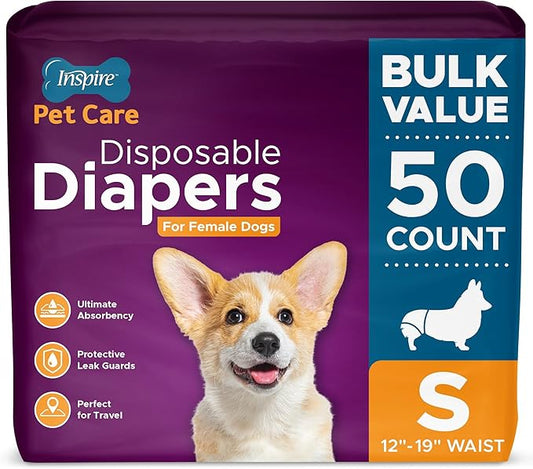 Inspire Pet Care Dog Diapers Female Dogs | Bulk Value Doggie Incontinence, Accidents, for Heat, Pee or Period and Housebreaking (Small (50 Count))