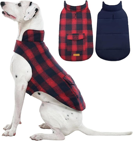 Kuoser Reversible Winter Coat, British Style Jacket for Medium and Large Dogs - Warm Windproof Puppy Cold Weather Clothes Vest, Red L