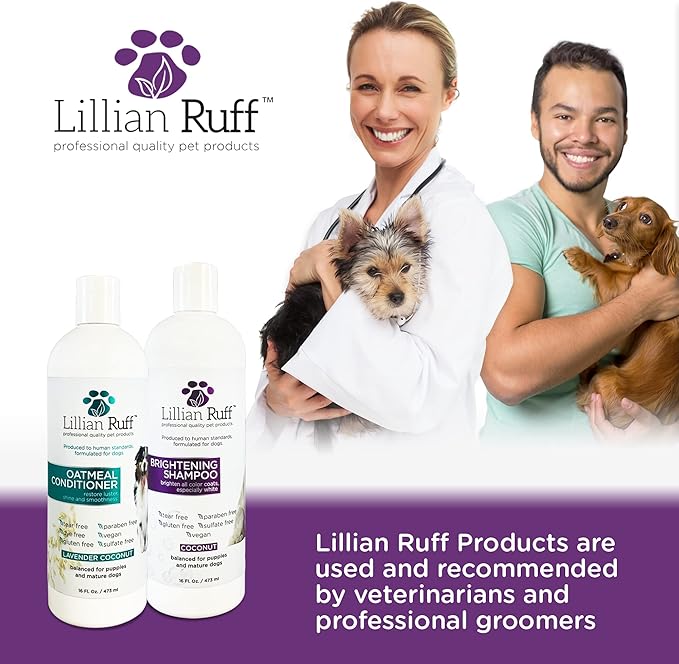 Lillian Ruff Brightening Shampoo & Oatmeal Conditioner Set for Dogs – Safe for Cats - Tear Free Coconut Scent with Aloe for Normal, Dry & Sensitive Skin
