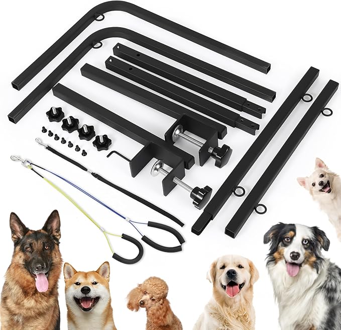 Adjustable Dog Grooming Arm for Table, 30" to 42" Height & 44" to 58" Width, Clamp Fits Up to 2.6", with 2 No-Sit Nooses, Heavy Duty Pet Grooming Restraint for Nail Trimming, Drying & Grooming at Home