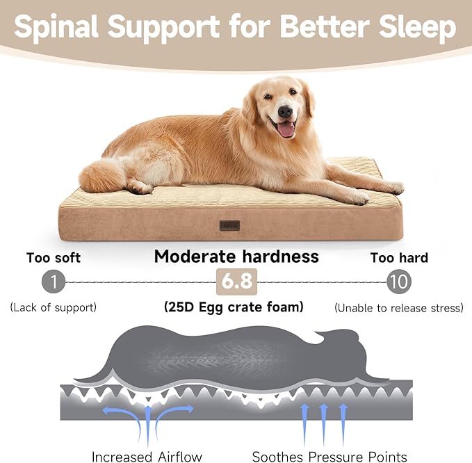 OhGeni Orthopedic Waterproof & Machine Washable Dog Bed for Large Pets, Suitable for Crates, Cat Mat with 25D Egg Crate Foam, Non-Slip Bottom & Removable Cover, 41 Inches(Khaki)