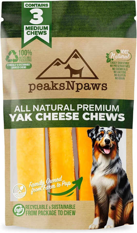 Yak Cheese Himalayan Dog Chews, High Protein, Natural Dog Treats for Medium Dogs, Lactose Free Sticks for Aggressive Chewers, Long Lasting Pet Treat for Dogs Under 35 lbs, 3 Medium Chews