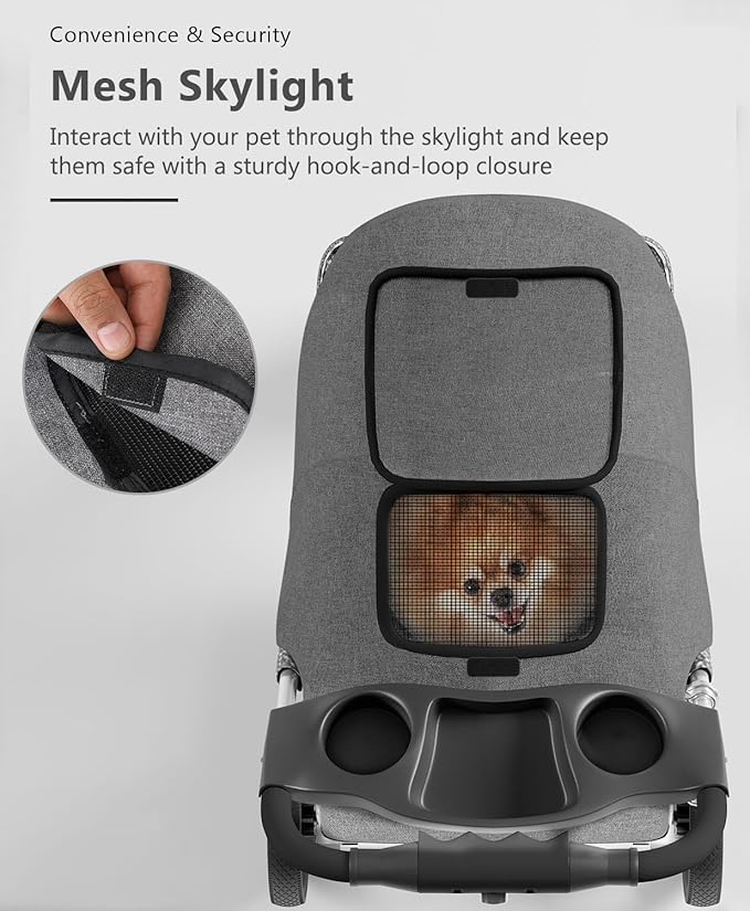 Pet Stroller with 3 Wheels for Small/Medium Pets, Portable Travel Foldable Carrier Jogger for Dog Cat Puppy Kitty, Rear Wheel Breaks, Storage Basket, Visible Mesh with Weather Cover (Gray)