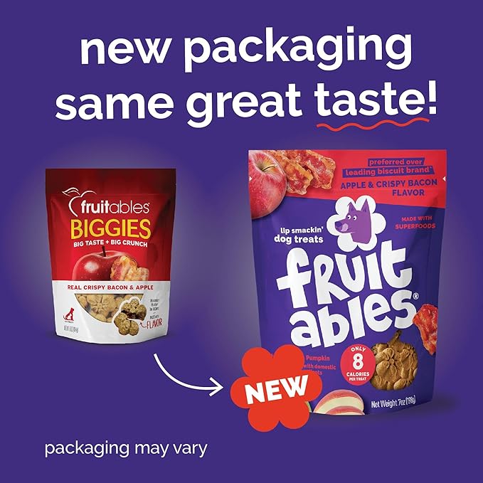 Fruitables Baked Dog Treats, Healthy Pumpkin Treat for Dogs, Low Calorie & Delicious, Free of Wheat, Corn and Soy, Made in the USA, Apple and Crispy Bacon Flavor, 12oz