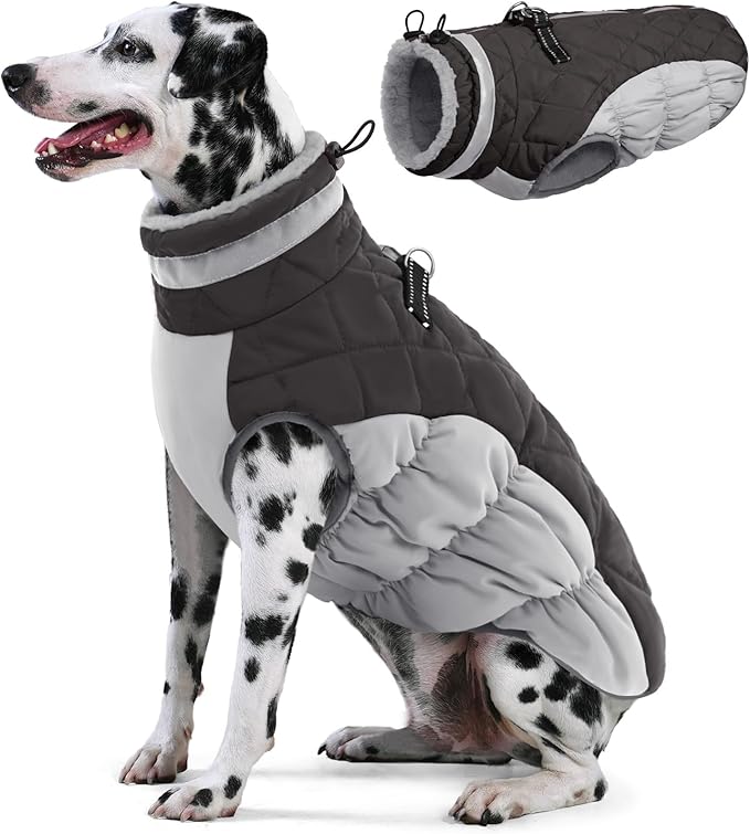 AOFITEE Dog Coat, Warm Dog Winter Coat for Large Dogs, Reflective Turtleneck Dogs Jacket with Harness Built in, Waterproof Windproof Pet Puffer Jacket Fleece Vest for Cold Weather, Grey XXXL