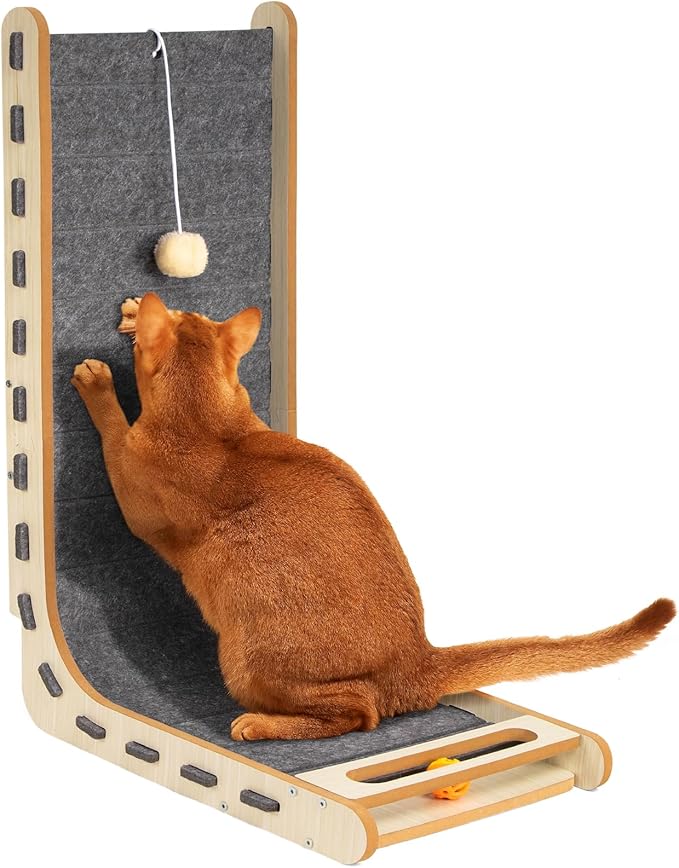 L Shaped Cat Scratcher with Ball Toy Felt Standing Cat Scratching Board for Indoor Cats Adults Vertical Scratch Pad Furniture Protector Kitten Toys 26.8 Inch-Grey