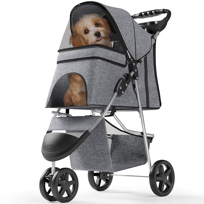 Pet Stroller with 3 Wheels for Small/Medium Pets, Portable Travel Foldable Carrier Jogger for Dog Cat Puppy Kitty, Rear Wheel Breaks, Storage Basket, Visible Mesh with Weather Cover (Gray)