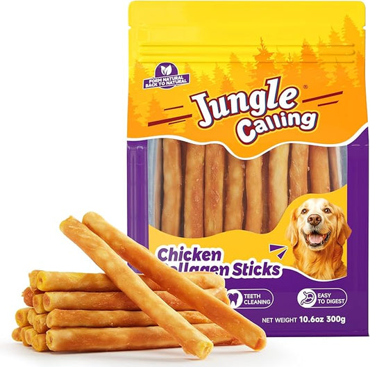 Jungle Calling Chicken Beef Collagen Sticks Dog Treats, Chew Bones Treat for Small Medium Breed Moderate Chewers, Bully Stick, Long Lasting High Protein Easy to Digest, 5 Inch 10.6 oz