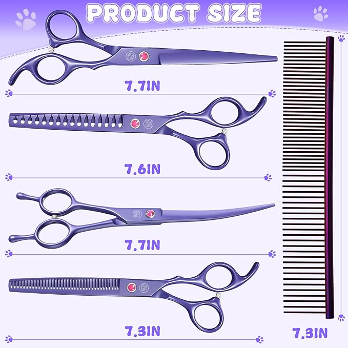 Professional Dog Grooming Scissors Set, 7 Inch/8 Inch Pet Grooming Scissors Chunkers Shears for Dog, Curved Dog Grooming Scissors, Thinning Shears for Dog with Grooming Comb