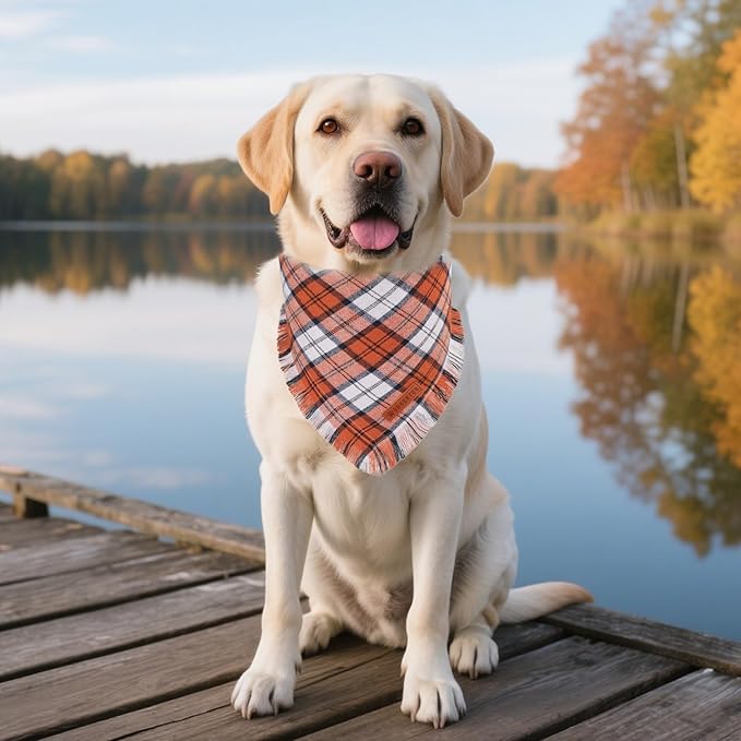 ADOGGYGO Fall Dog Bandanas with Tassels Edges, Orange Brown Plaid Scarf Bib, Multi Size, Fall Thanksgiving Halloween Bandanas for Medium Large Dogs (Large)