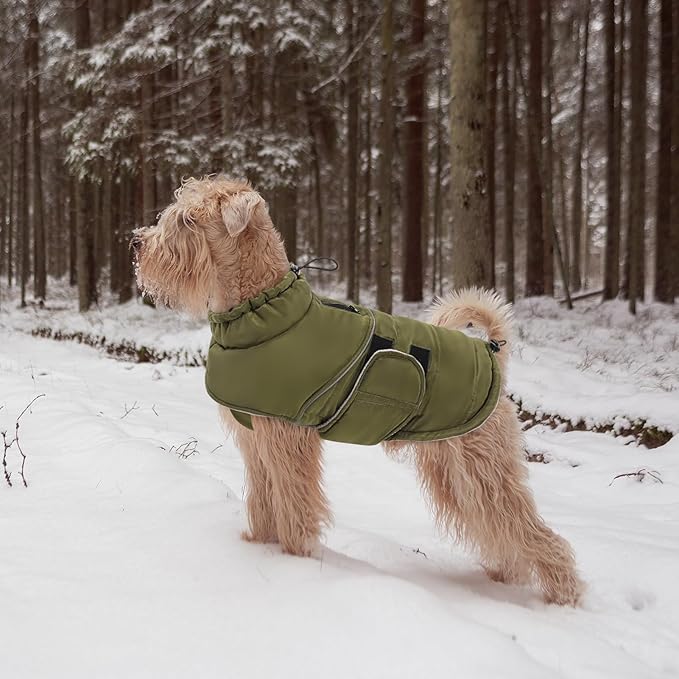 Peferhouse Warm Winter Coat for Large Male Dogs, Cold Weather Windproof Reflective Jacket With Harness Hole, Thick Vest ArmyGreen 4XL