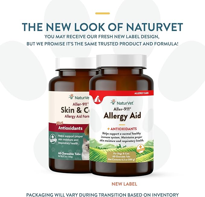 NaturVet Aller-911 Advanced Allergy Aid for Dogs, Cats – Antioxidant-Rich Pet Supplement with Omegas, DHA, EPA – Helps Support Dog Immune System, Cat Respiratory Health, Skin Moisture 60 Ct.
