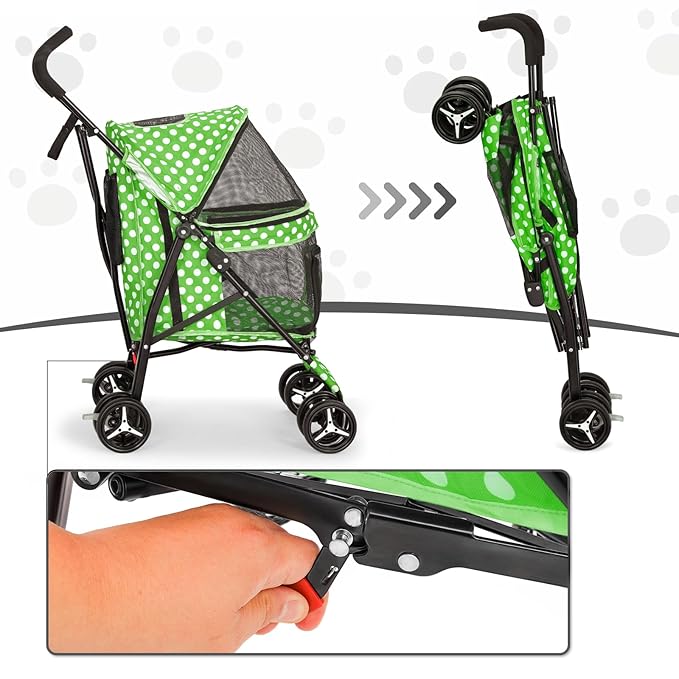 MoNiBloom 4 Wheels Pet Stroller, Easy-Fold Umbrella Shaped Dog Cat Jogger Stroller w/Storage Bag & Visible Mesh for Small/Medium Dogs Cats Lawn Green Polka Dots