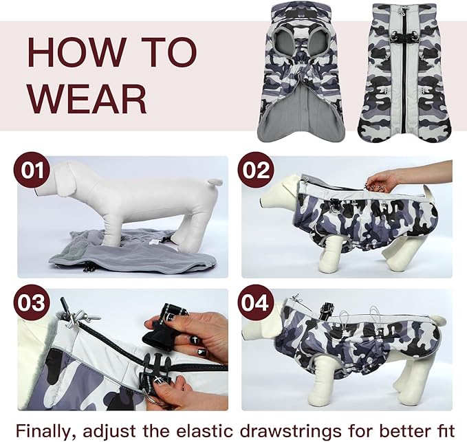 Dog Coat Dog Winter Jacket-3X Large, Warm Dog Coat Zip Up Snowsuit Dog Harness Vest Reflective Water-Resistant Dog Coat Dog Snow Jacket for Large Dogs Labrador, Huskyn, Grey-Camouflage