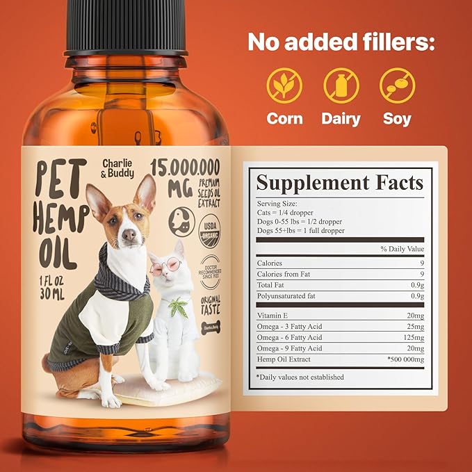 Charlie Buddy - Hеmp Oil for Dogs Cats - Hip and Joint Support and Skin Health - Anxiety, Calm, Pain - Omega 3, 6, 9 and Vitamins B, C, E