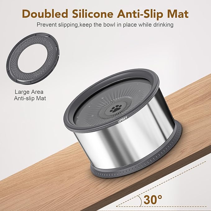 UPSKY 6.5L Dog Water Bowl,1.6 Gallon Super Large Capacity No Spill Dog Water Bowl,Stainless Steel Spill Proof Slow Water Feeder,No Splash Water Bowl with Anti-Slip Mat for Messy Drinkers Grey