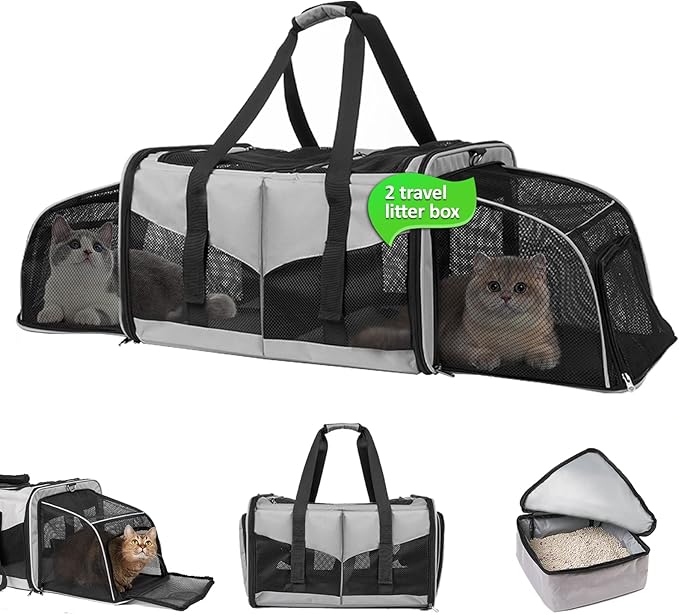 Cat Carrier with Litter Box - INRLKIT Cat Carrier for 2 Cats, Portable 2-in-1 Double Cat Travel Carrier Bag for Traveling, Expandable Pet Carrier for Car, Portable Travel Litter Box for Cats (Grey)