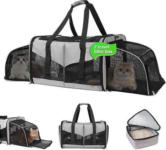 Cat Carrier with Litter Box - INRLKIT Cat Carrier for 2 Cats, Portable 2-in-1 Double Cat Travel Carrier Bag for Traveling, Expandable Pet Carrier for Car, Portable Travel Litter Box for Cats (Grey)