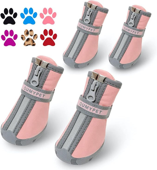 QUMY Dog Shoes for Small Dogs, Puppy Dog Boots & Paw Protectors for Winter Snowy Day, Summer Hot Pavement, Waterproof in Rainy Weather, Ourdoor Walking, Indoor Hardfloors Skid-Resistant Sole Pink 3