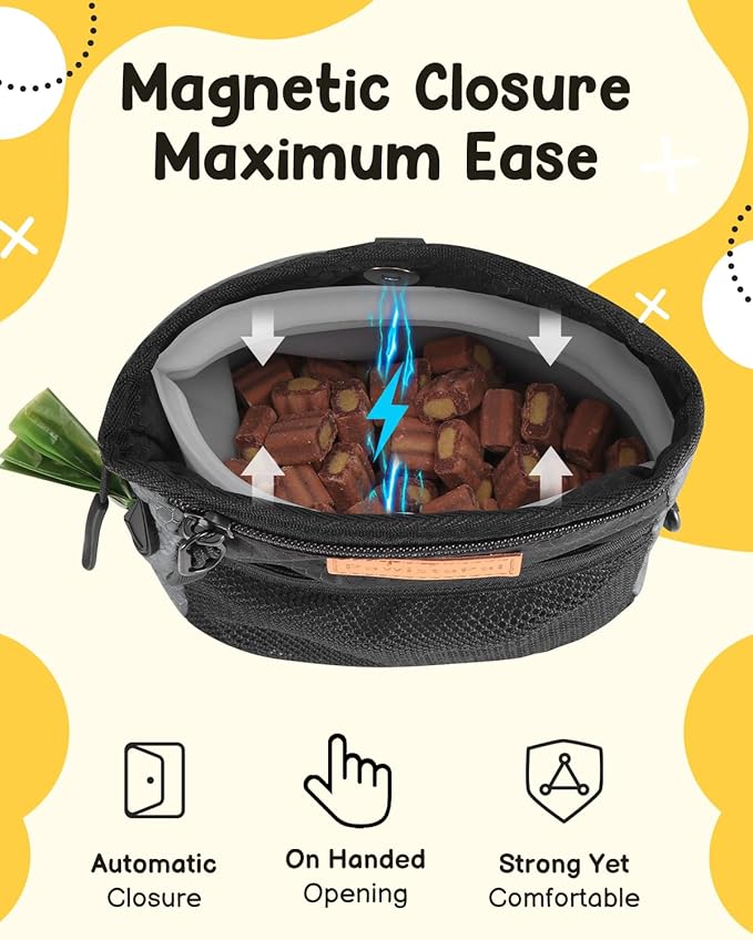Dog Treat Pouches for Pet Training with Silicone Liner and Magnetic Closure, 2-Cup Treat Bag with Built-in Poop Dispenser, Waist Belt Clip, 3-Way Wear for Puppy & Pet Training and Daily Walks