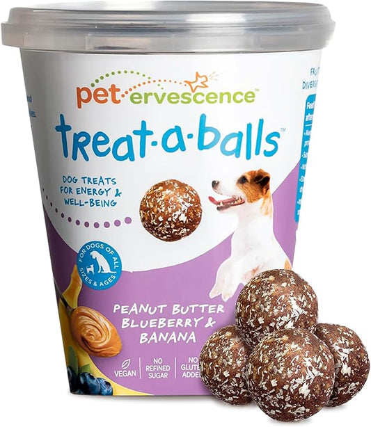 Peanut Butter, Banana, & Blueberry Dog Treats - All- Natural Treat Ball for Dogs - Grain Free, Gluten Free, Non-GMO, Clean & Nutritious, Plant Based Vegan Ingredients - 18pk