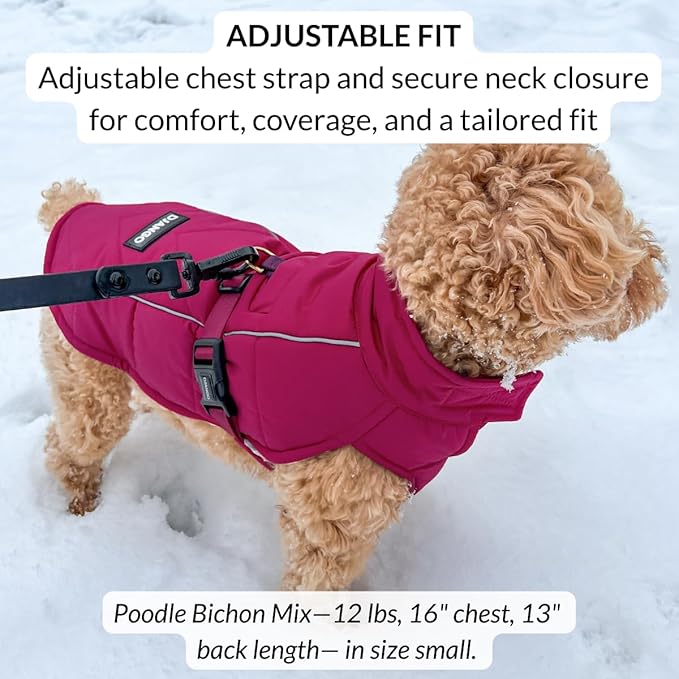 DJANGO Insulated Puffer Dog Jacket with Harness Hole – Warm, Water-Repellent Winter Dog Coat Large Dogs – Adjustable, Reflective Cold Weather Dog Apparel for Fall, Snow, Rain – Hibiscus Pink, Large
